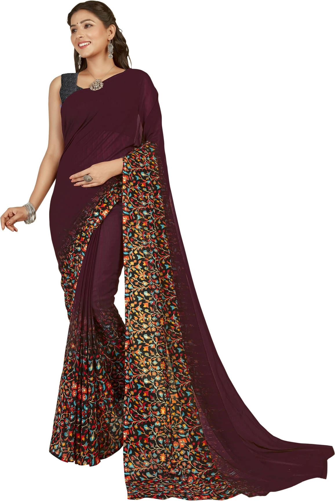 ANAND SAREES Georgette Printed Regular Saree With Unstitched Blouse Piece ( Maroon ) ANAND SAREES Georgette Printed Regular Saree With Unstitched Blouse Piece ( Maroon )