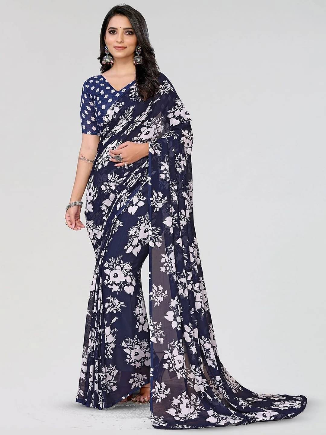 ANAND SAREES Georgette Printed Regular Saree With Unstitched Blouse Piece ( Blue ) ANAND SAREES Georgette Printed Regular Saree With Unstitched Blouse Piece ( Blue )