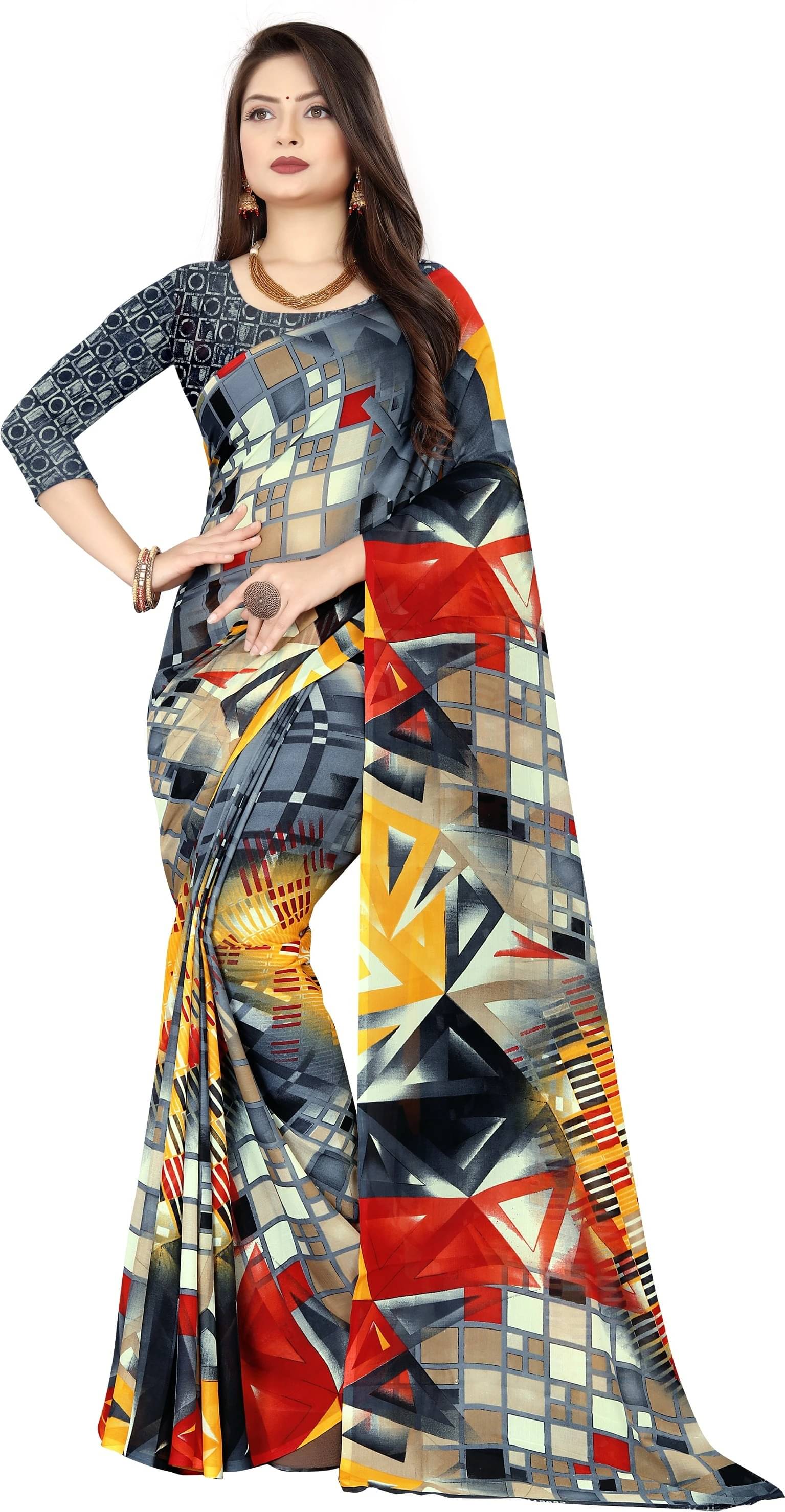 ANAND SAREES Georgette Printed Regular Saree With Unstitched Blouse Piece ( Grey ) ANAND SAREES Georgette Printed Regular Saree With Unstitched Blouse Piece ( Grey )
