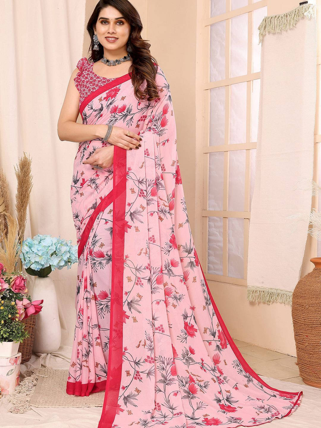     			ANAND SAREES Georgette Printed Regular Saree With Unstitched Blouse Piece ( Pink )