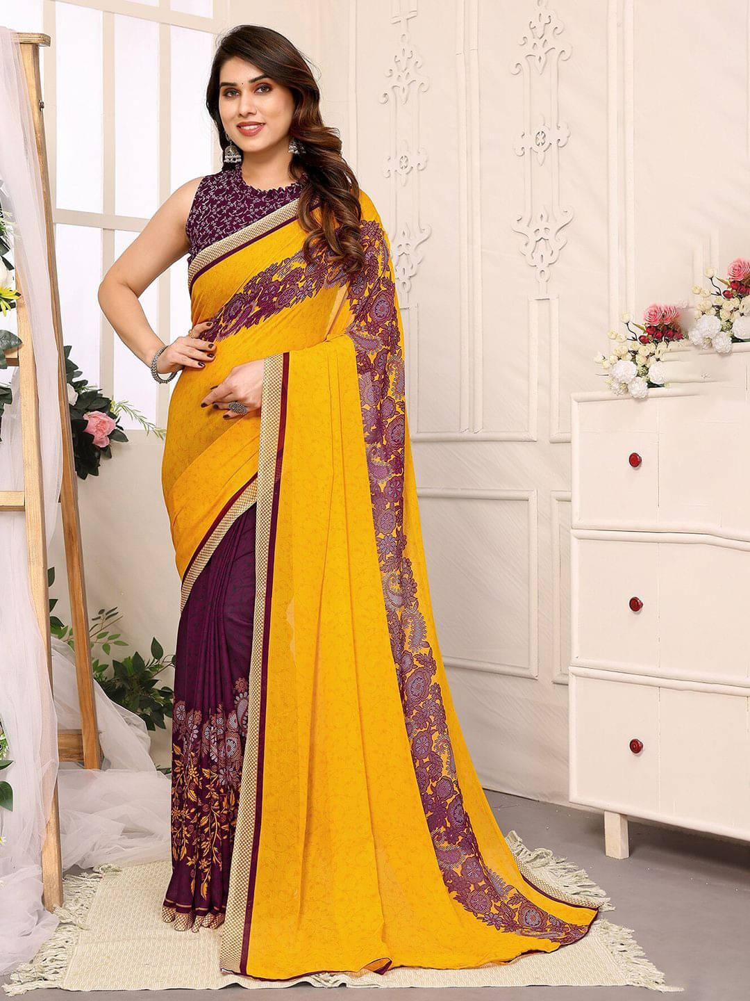 ANAND SAREES Georgette Printed Regular Saree With Unstitched Blouse Piece ( Yellow ) ANAND SAREES Georgette Printed Regular Saree With Unstitched Blouse Piece ( Yellow )
