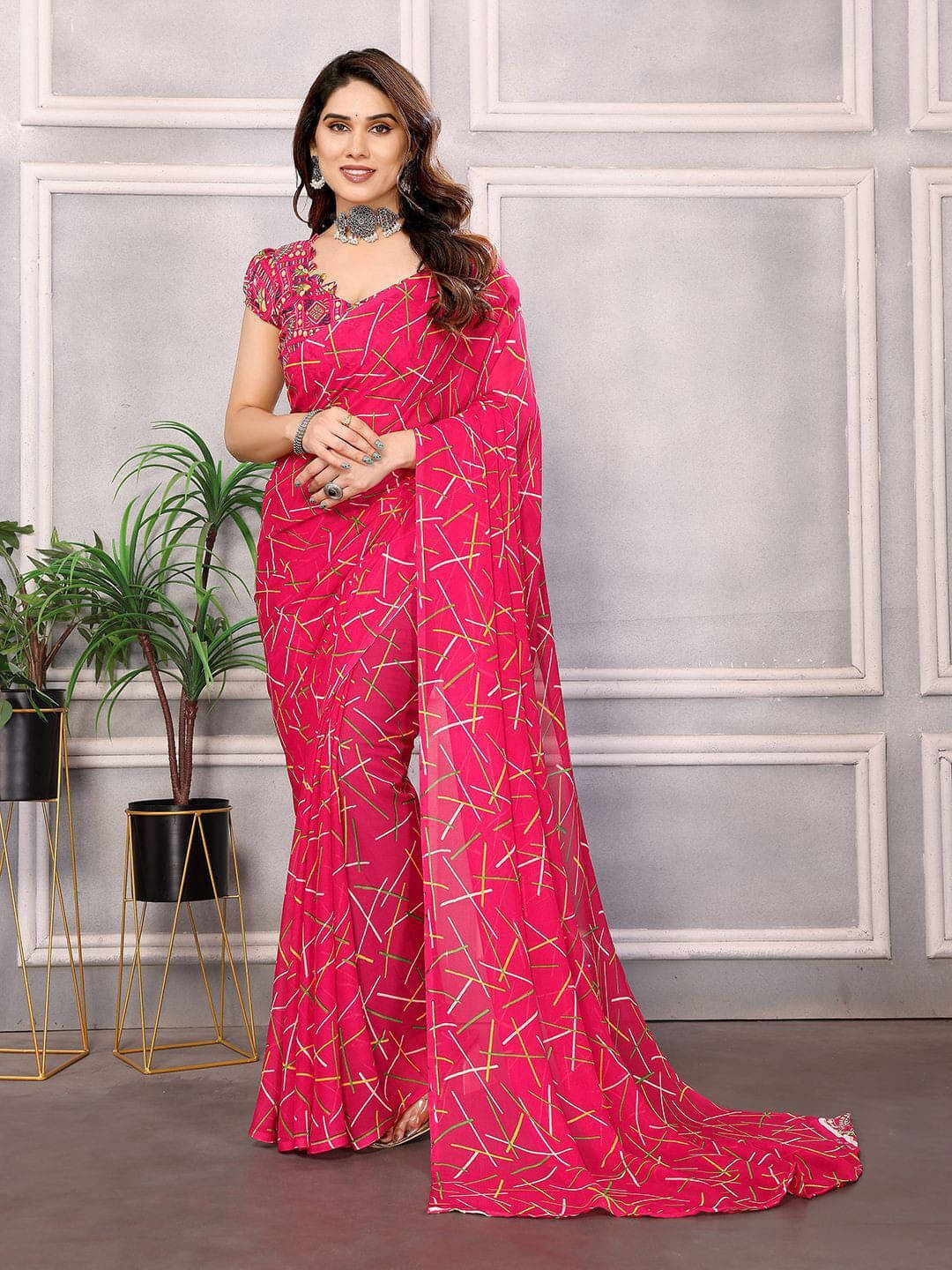 ANAND SAREES Georgette Printed Regular Saree With Unstitched Blouse Piece ( Pink ) ANAND SAREES Georgette Printed Regular Saree With Unstitched Blouse Piece ( Pink )