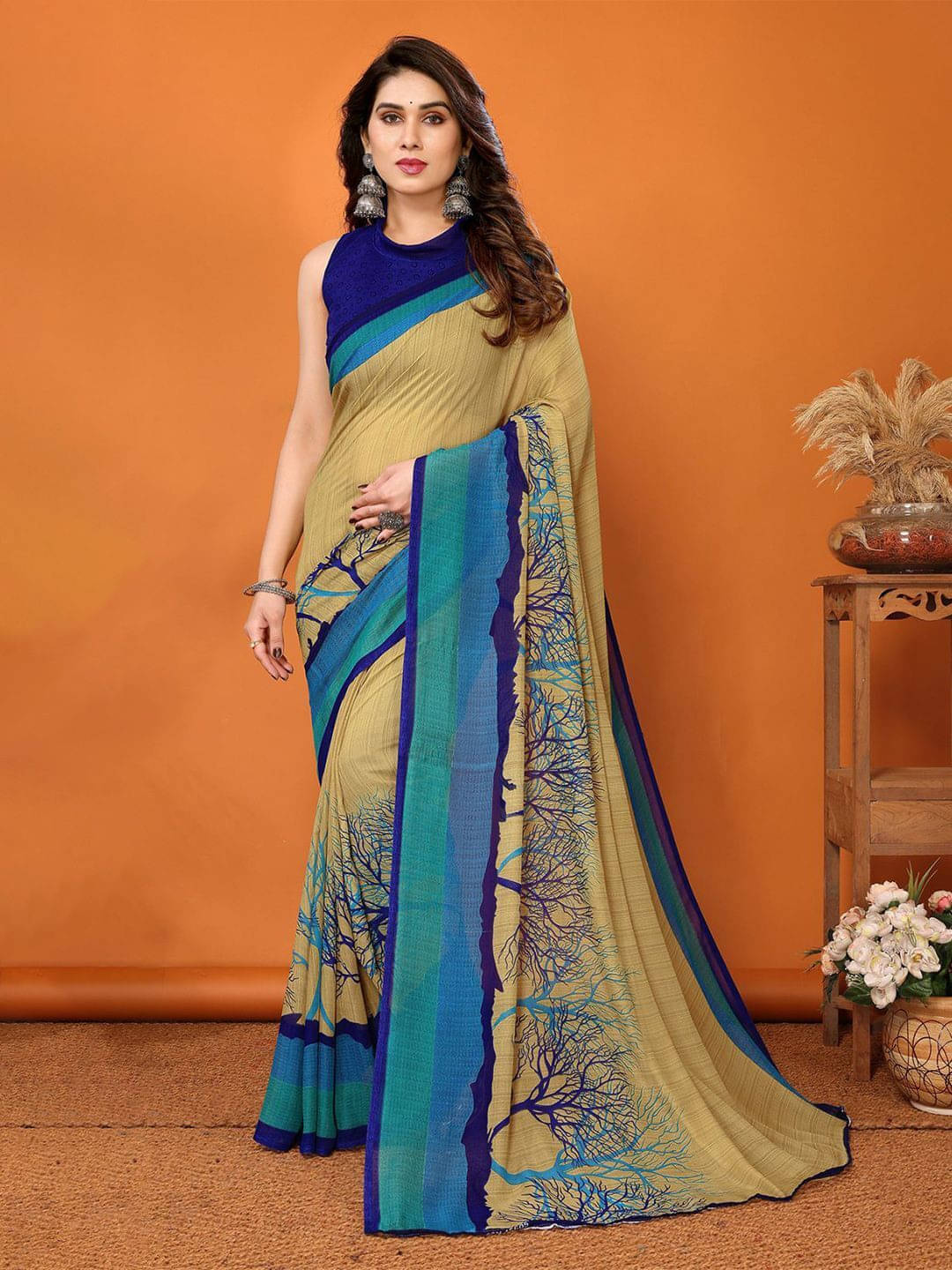 ANAND SAREES Georgette Printed Regular Saree With Unstitched Blouse Piece ( Blue ) ANAND SAREES Georgette Printed Regular Saree With Unstitched Blouse Piece ( Blue )