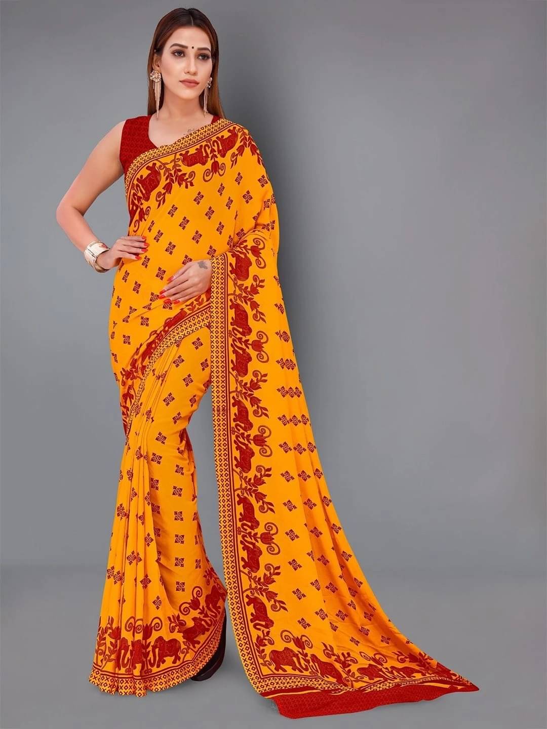 ANAND SAREES Georgette Printed Regular Saree With Unstitched Blouse Piece ( Red ) ANAND SAREES Georgette Printed Regular Saree With Unstitched Blouse Piece ( Red )