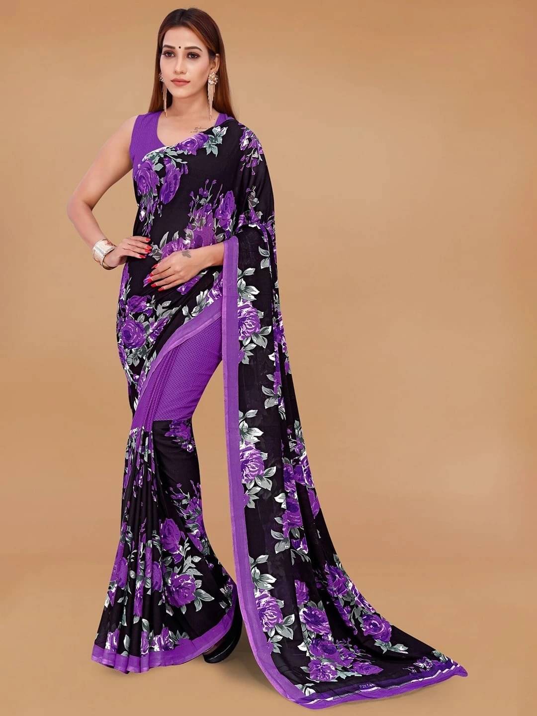     			ANAND SAREES Georgette Printed Regular Saree With Unstitched Blouse Piece ( Purple )