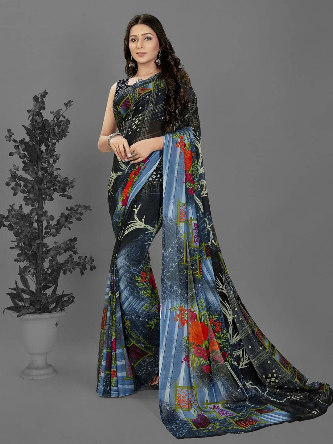     			ANAND SAREES Georgette Printed Regular Saree With Unstitched Blouse Piece ( Blue )
