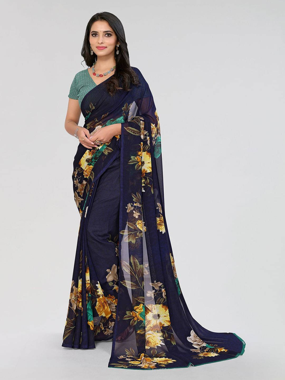 ANAND SAREES Georgette Printed Regular Saree With Unstitched Blouse Piece ( Blue ) ANAND SAREES Georgette Printed Regular Saree With Unstitched Blouse Piece ( Blue )