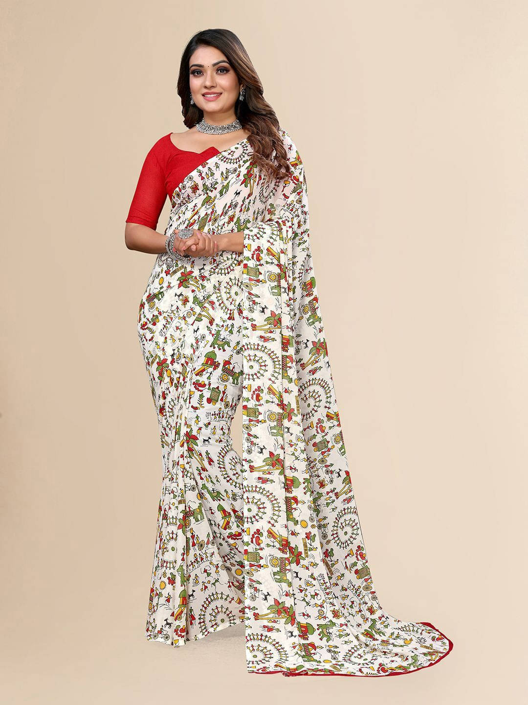 ANAND SAREES Georgette Printed Regular Saree With Unstitched Blouse Piece ( White ) ANAND SAREES Georgette Printed Regular Saree With Unstitched Blouse Piece ( White )