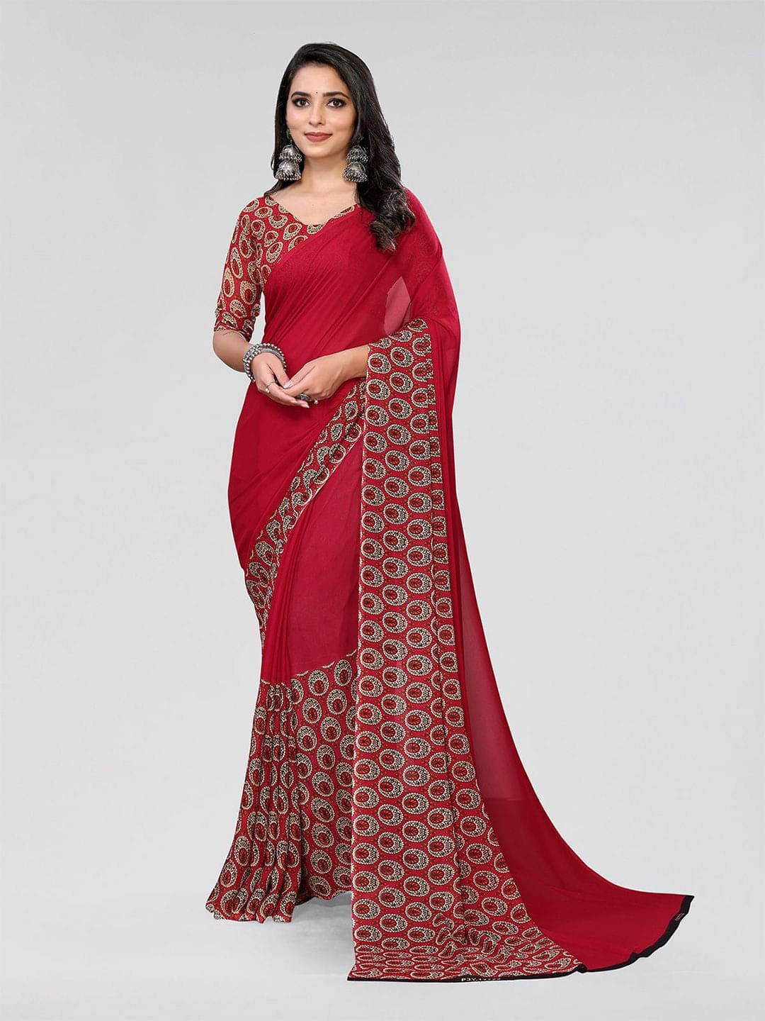 ANAND SAREES Georgette Printed Regular Saree With Unstitched Blouse Piece ( Red ) ANAND SAREES Georgette Printed Regular Saree With Unstitched Blouse Piece ( Red )