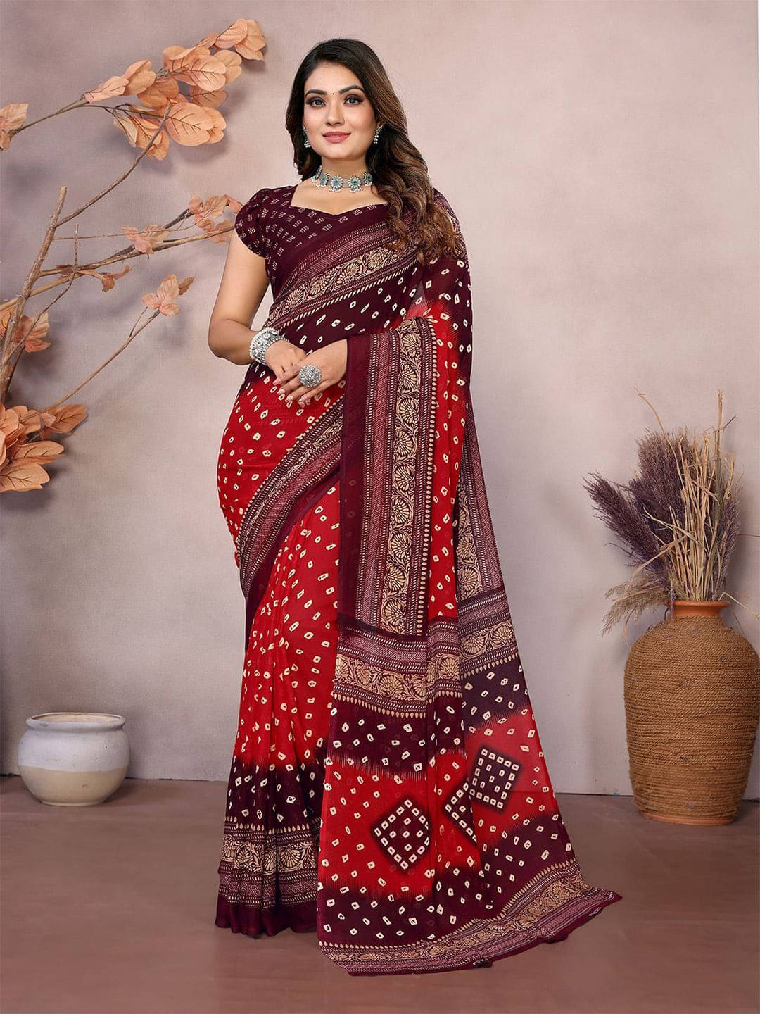     			ANAND SAREES Georgette Printed Regular Saree With Unstitched Blouse Piece ( Maroon )