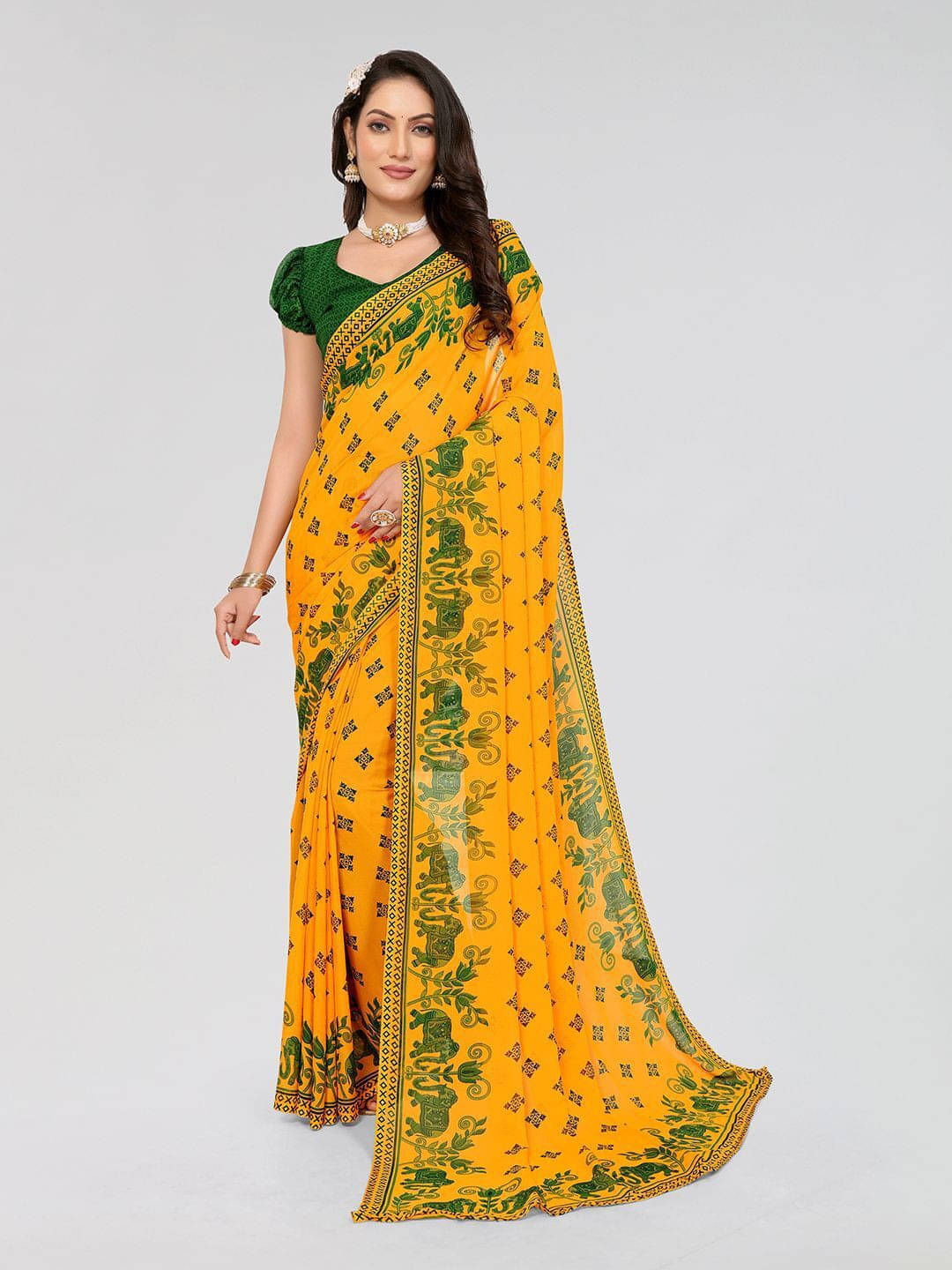ANAND SAREES Georgette Printed Regular Saree With Unstitched Blouse Piece ( Yellow ) ANAND SAREES Georgette Printed Regular Saree With Unstitched Blouse Piece ( Yellow )