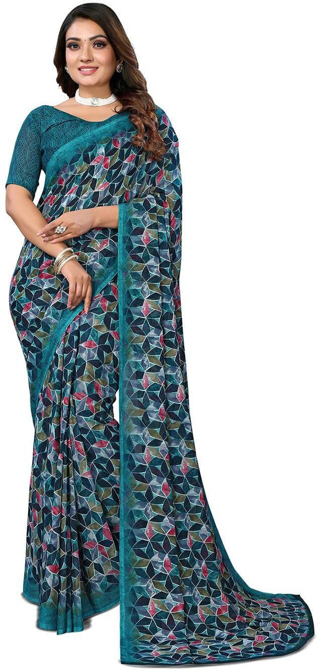     			ANAND SAREES Georgette Printed Regular Saree With Unstitched Blouse Piece ( Blue )