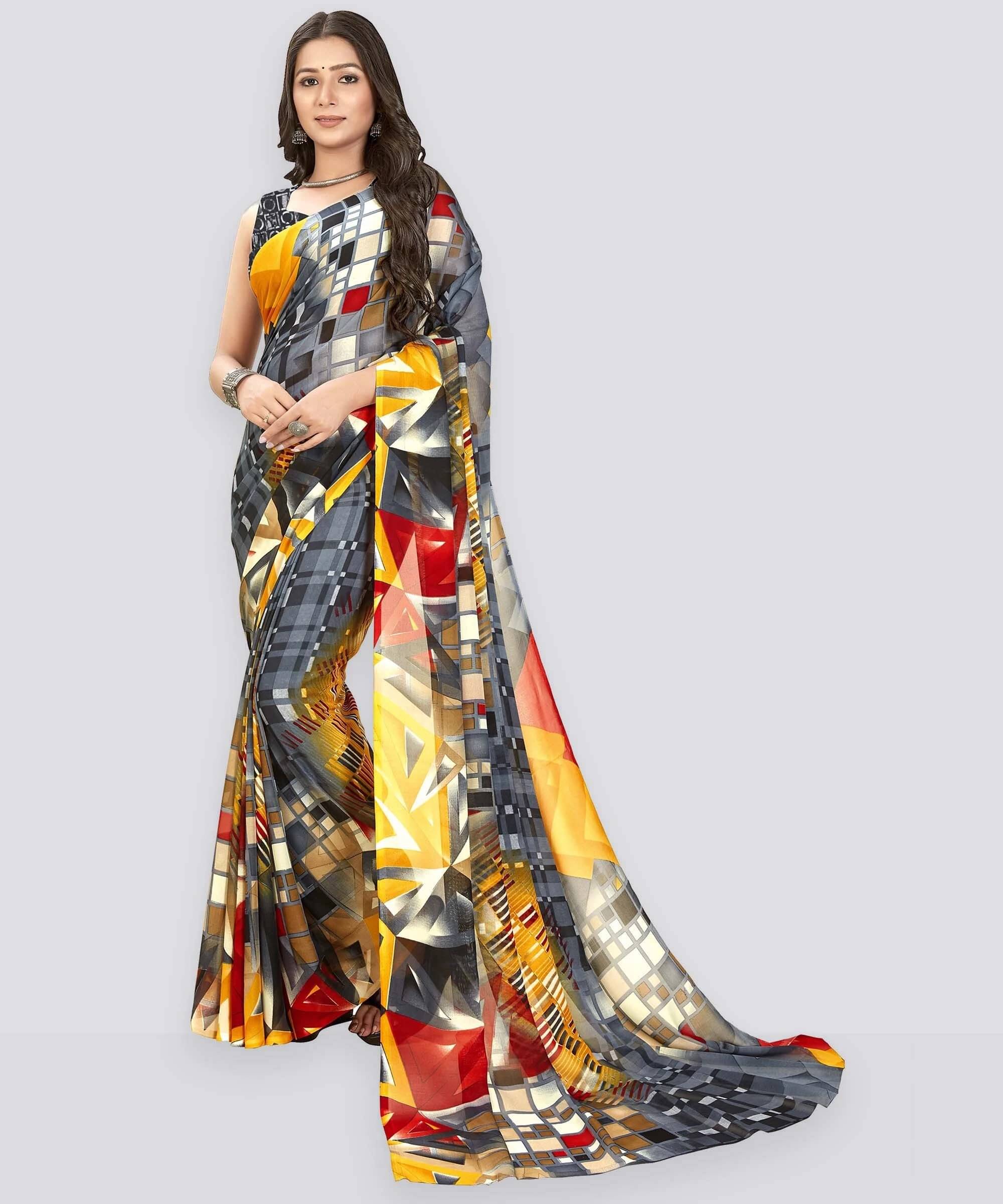 ANAND SAREES Georgette Printed Regular Saree With Unstitched Blouse Piece ( Grey ) ANAND SAREES Georgette Printed Regular Saree With Unstitched Blouse Piece ( Grey )