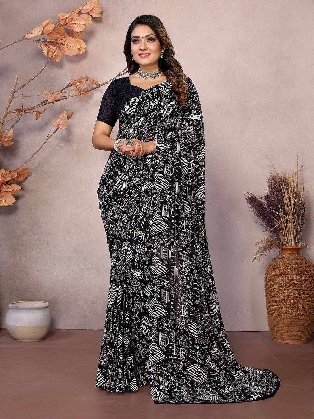 ANAND SAREES Georgette Printed Regular Saree With Unstitched Blouse Piece ( Black ) ANAND SAREES Georgette Printed Regular Saree With Unstitched Blouse Piece ( Black )