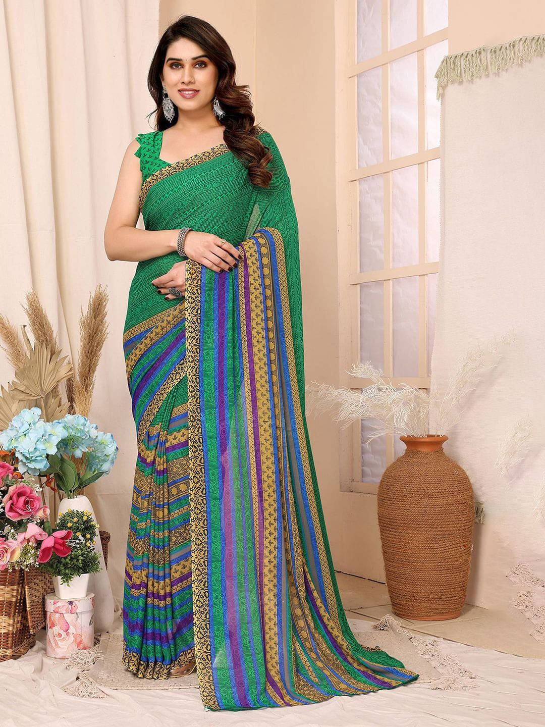     			ANAND SAREES Georgette Printed Regular Saree With Unstitched Blouse Piece ( Green )