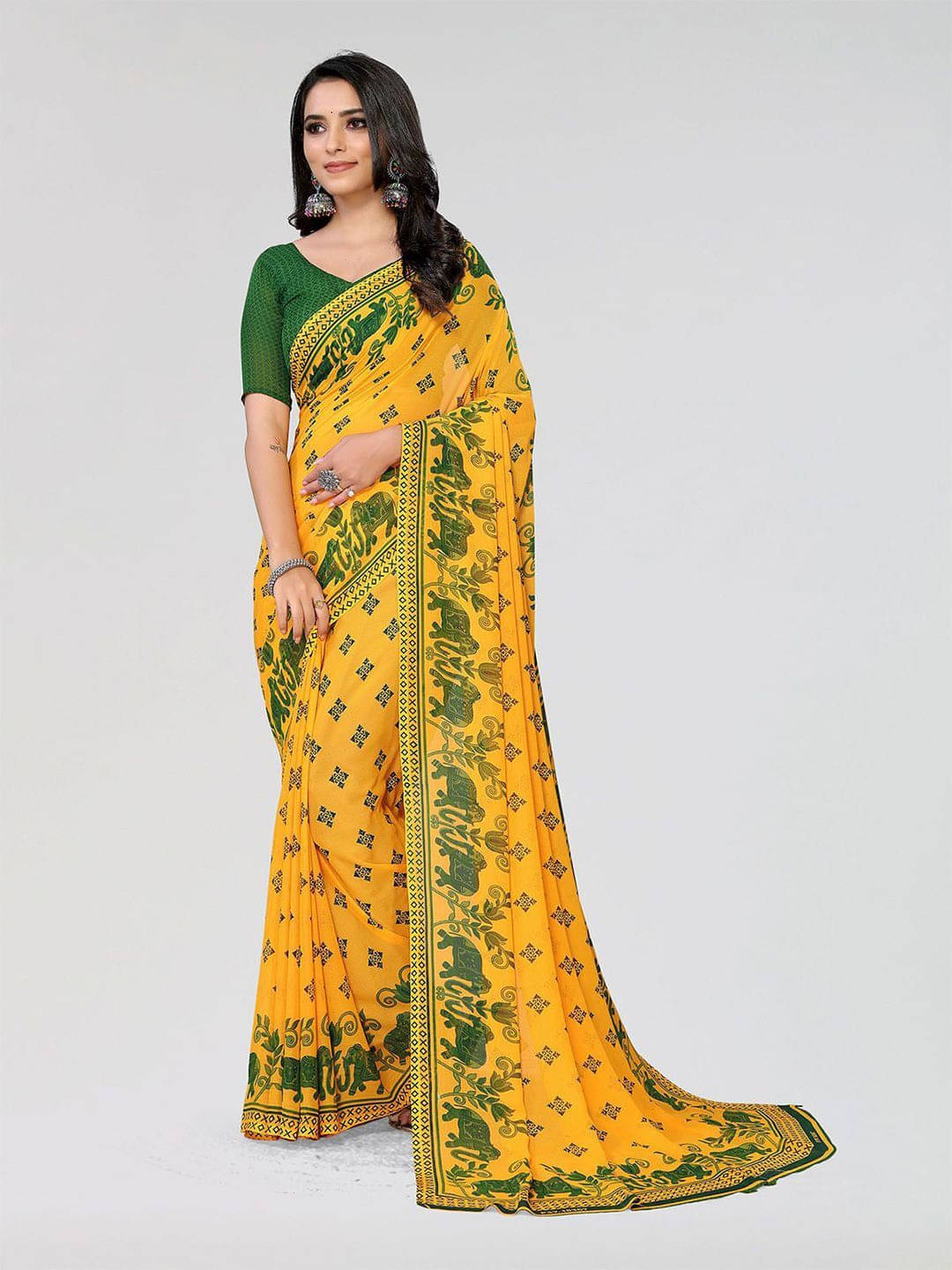     			ANAND SAREES Georgette Printed Regular Saree With Unstitched Blouse Piece ( Yellow )
