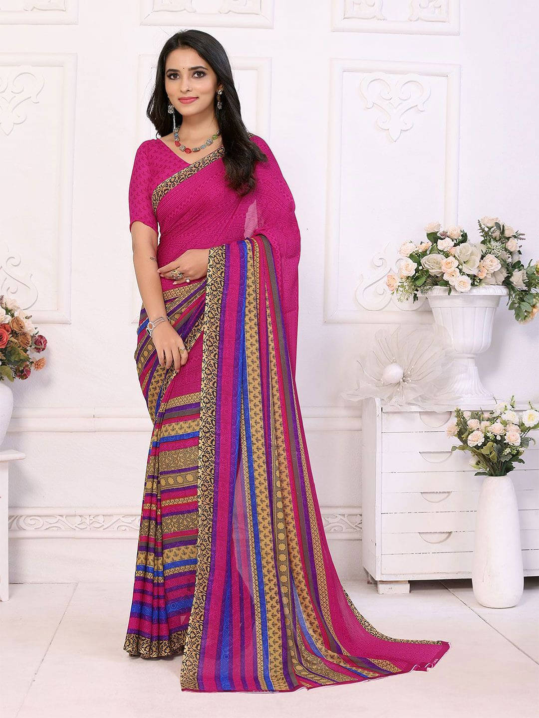 ANAND SAREES Georgette Printed Regular Saree With Unstitched Blouse Piece ( Pink ) ANAND SAREES Georgette Printed Regular Saree With Unstitched Blouse Piece ( Pink )
