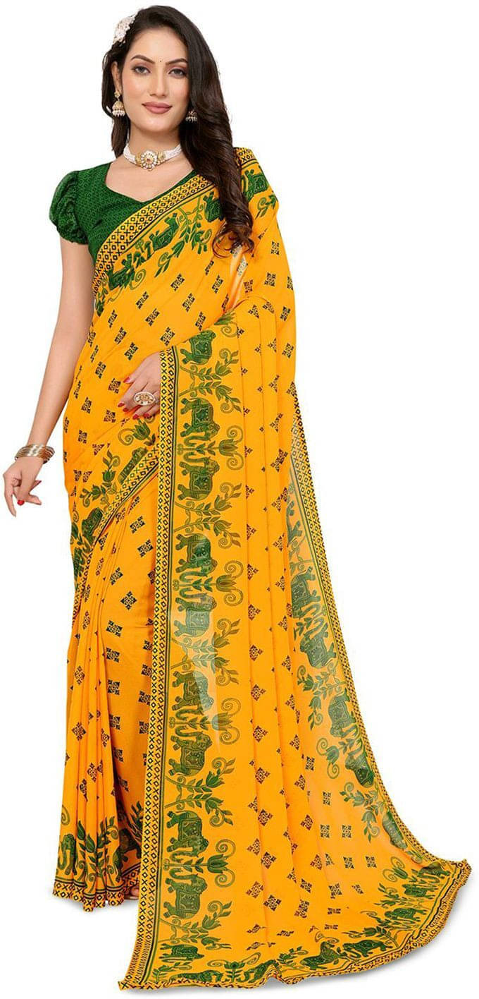 ANAND SAREES Georgette Printed Regular Saree With Unstitched Blouse Piece ( Yellow ) ANAND SAREES Georgette Printed Regular Saree With Unstitched Blouse Piece ( Yellow )