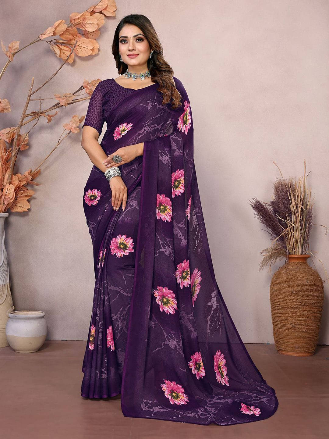     			ANAND SAREES Georgette Printed Regular Saree With Unstitched Blouse Piece ( Purple )