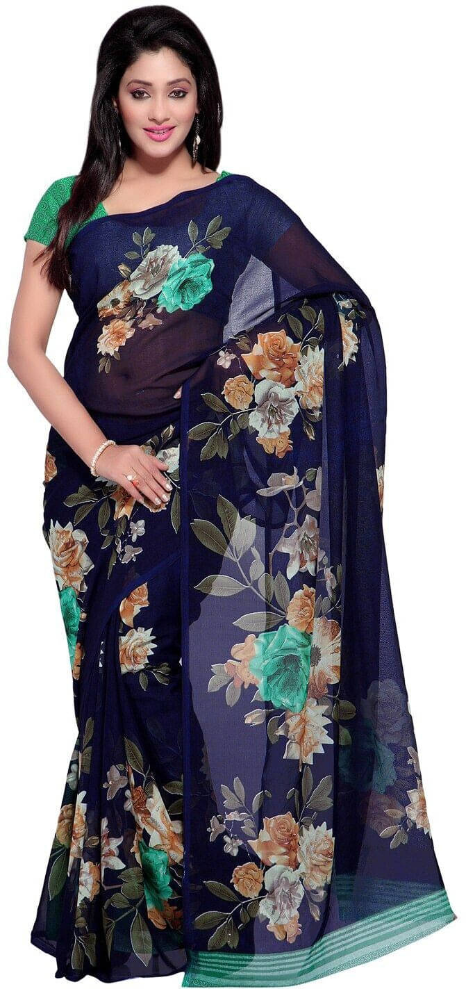 ANAND SAREES Georgette Printed Regular Saree With Unstitched Blouse Piece ( Blue ) ANAND SAREES Georgette Printed Regular Saree With Unstitched Blouse Piece ( Blue )