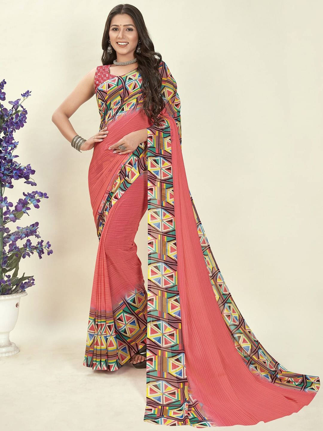 ANAND SAREES Georgette Printed Regular Saree With Unstitched Blouse Piece ( Pink ) ANAND SAREES Georgette Printed Regular Saree With Unstitched Blouse Piece ( Pink )