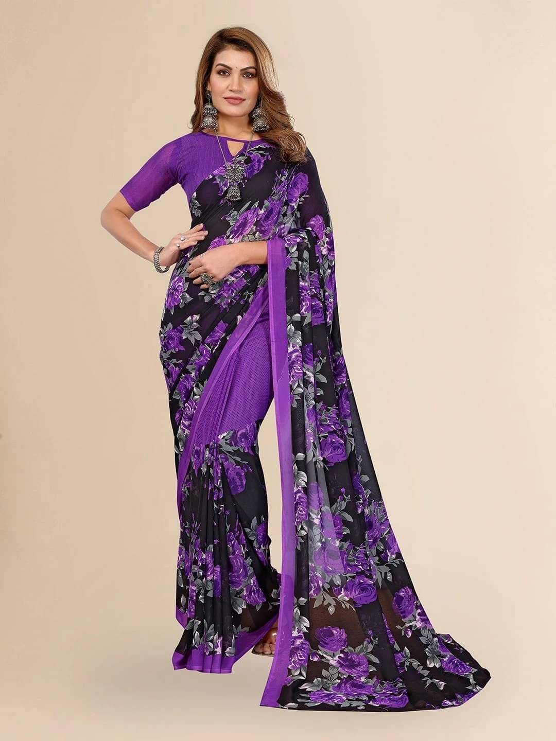     			ANAND SAREES Georgette Printed Regular Saree With Unstitched Blouse Piece ( Purple )