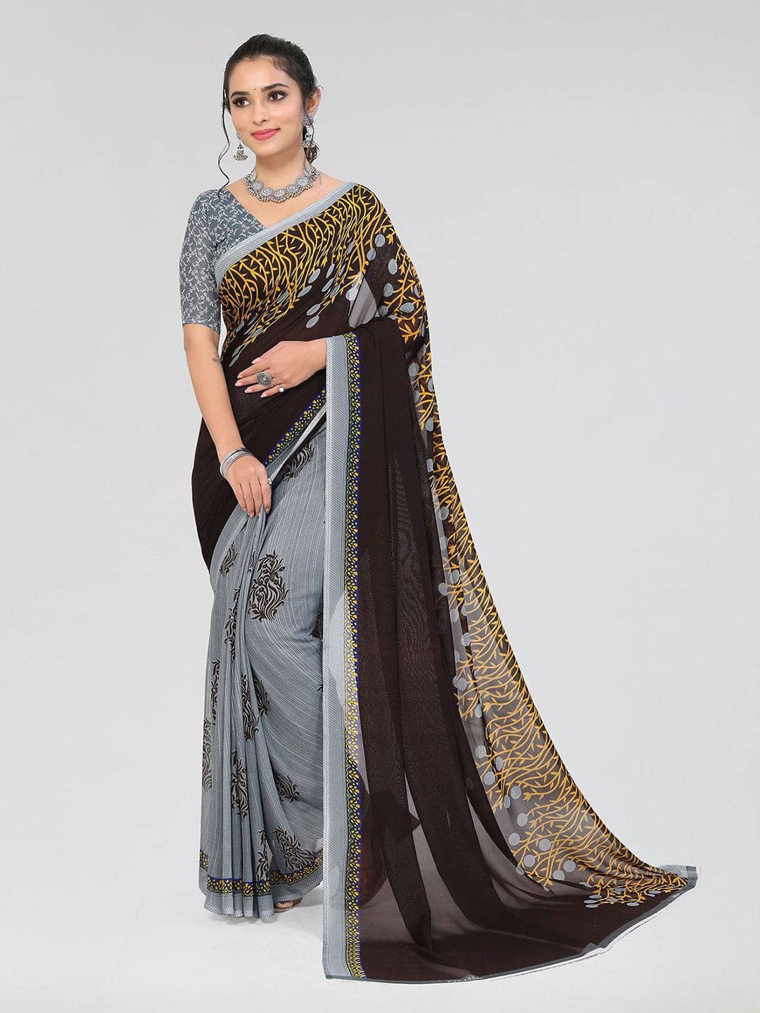 ANAND SAREES Georgette Printed Regular Saree With Unstitched Blouse Piece ( Brown ) ANAND SAREES Georgette Printed Regular Saree With Unstitched Blouse Piece ( Brown )