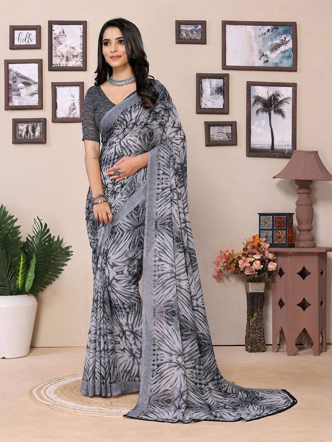 ANAND SAREES Georgette Printed Regular Saree With Unstitched Blouse Piece ( Grey ) ANAND SAREES Georgette Printed Regular Saree With Unstitched Blouse Piece ( Grey )