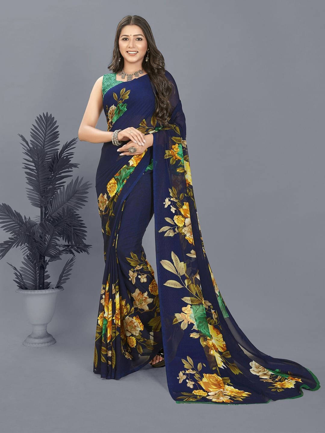 ANAND SAREES Georgette Printed Regular Saree With Unstitched Blouse Piece ( Blue ) ANAND SAREES Georgette Printed Regular Saree With Unstitched Blouse Piece ( Blue )