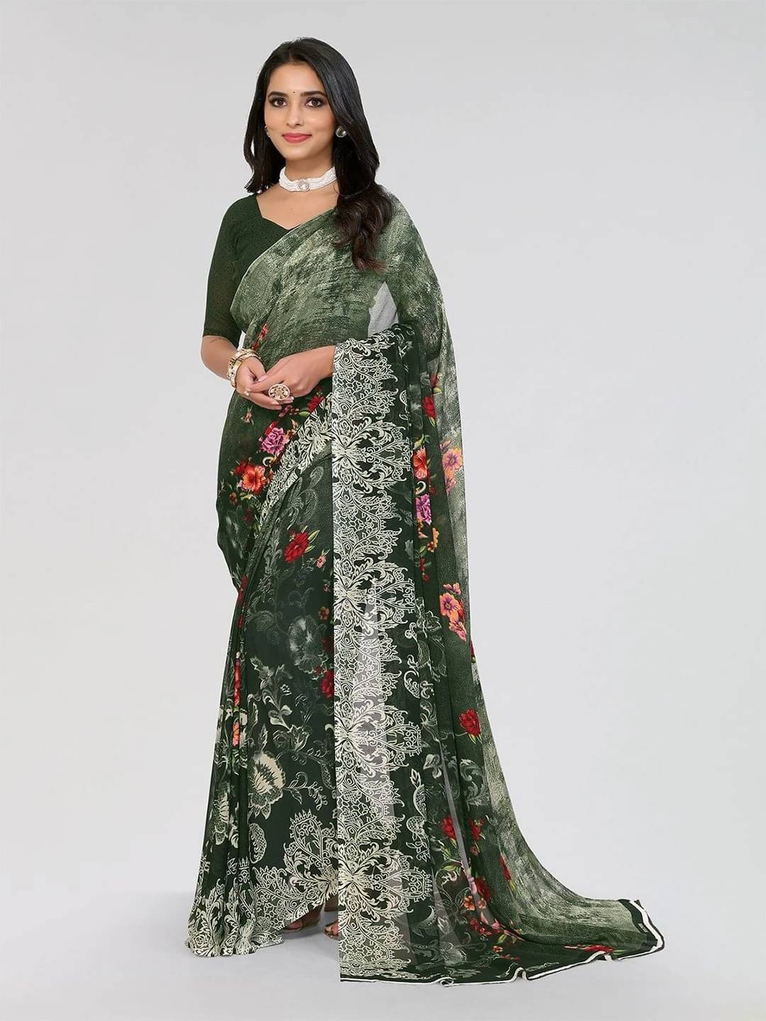    			ANAND SAREES Georgette Printed Regular Saree With Unstitched Blouse Piece ( Green )
