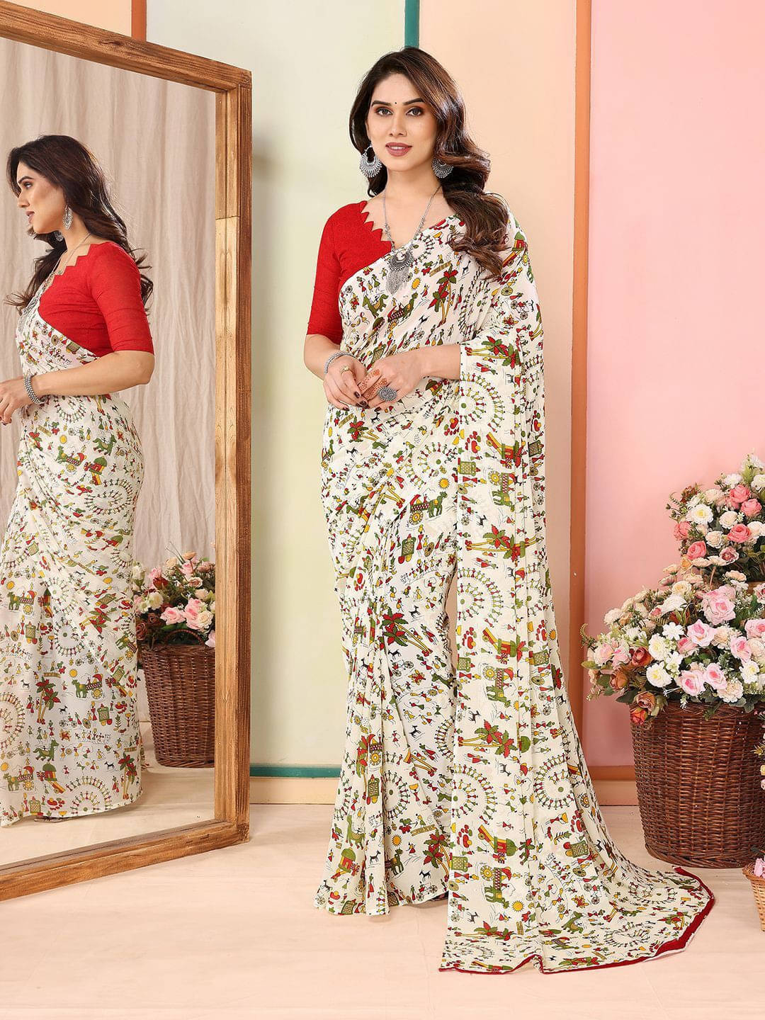     			ANAND SAREES Georgette Printed Regular Saree With Unstitched Blouse Piece ( White )