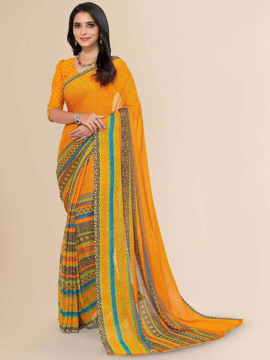 ANAND SAREES Georgette Printed Regular Saree With Unstitched Blouse Piece ( Yellow ) ANAND SAREES Georgette Printed Regular Saree With Unstitched Blouse Piece ( Yellow )