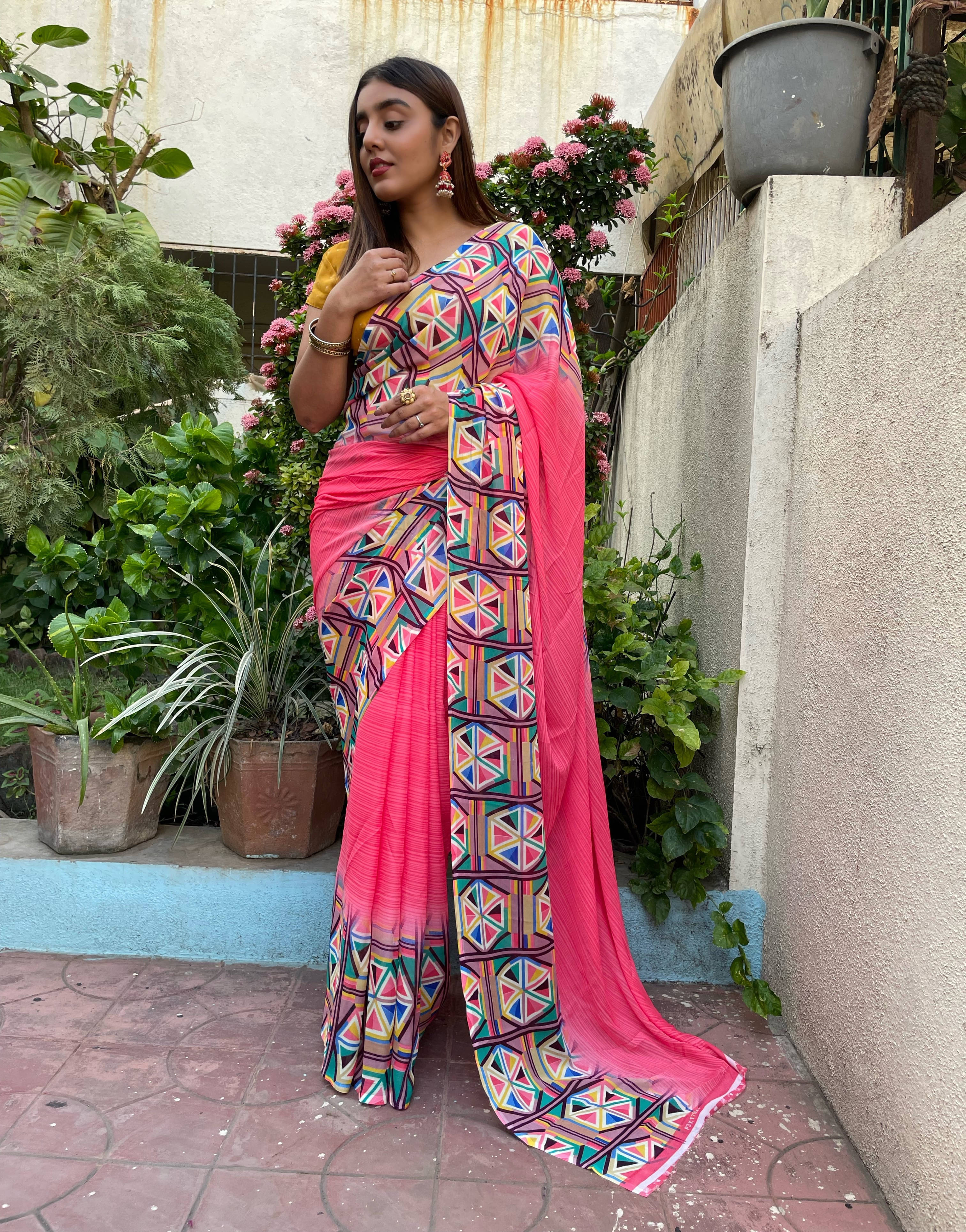 ANAND SAREES Georgette Printed Regular Saree With Unstitched Blouse Piece ( Pink ) ANAND SAREES Georgette Printed Regular Saree With Unstitched Blouse Piece ( Pink )