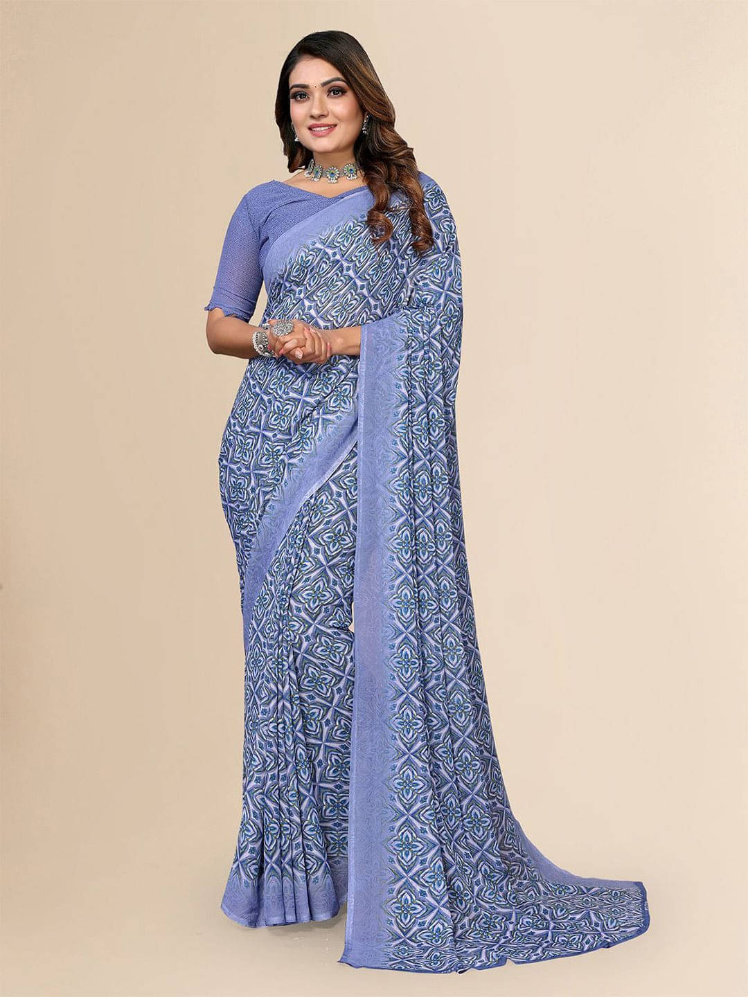 ANAND SAREES Georgette Printed Regular Saree With Unstitched Blouse Piece ( Blue ) ANAND SAREES Georgette Printed Regular Saree With Unstitched Blouse Piece ( Blue )