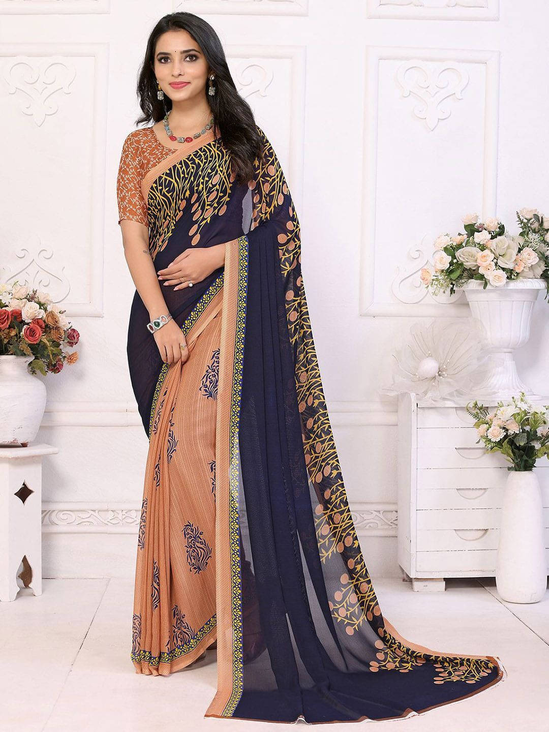     			ANAND SAREES Georgette Printed Regular Saree With Unstitched Blouse Piece ( Blue )