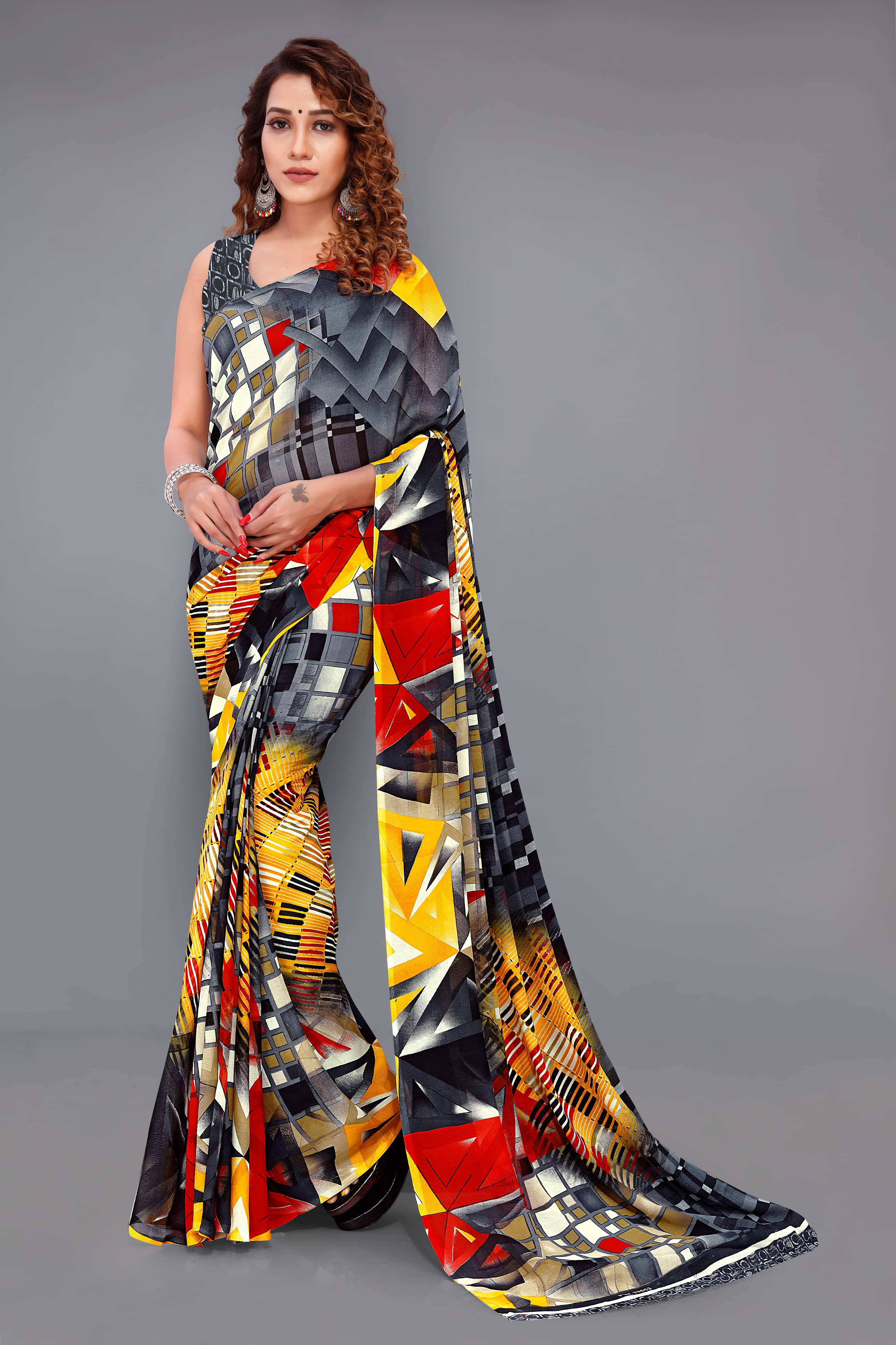 ANAND SAREES Georgette Printed Regular Saree With Unstitched Blouse Piece ( Grey ) ANAND SAREES Georgette Printed Regular Saree With Unstitched Blouse Piece ( Grey )