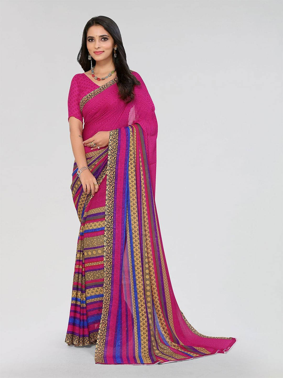 ANAND SAREES Georgette Printed Regular Saree With Unstitched Blouse Piece ( Pink ) ANAND SAREES Georgette Printed Regular Saree With Unstitched Blouse Piece ( Pink )
