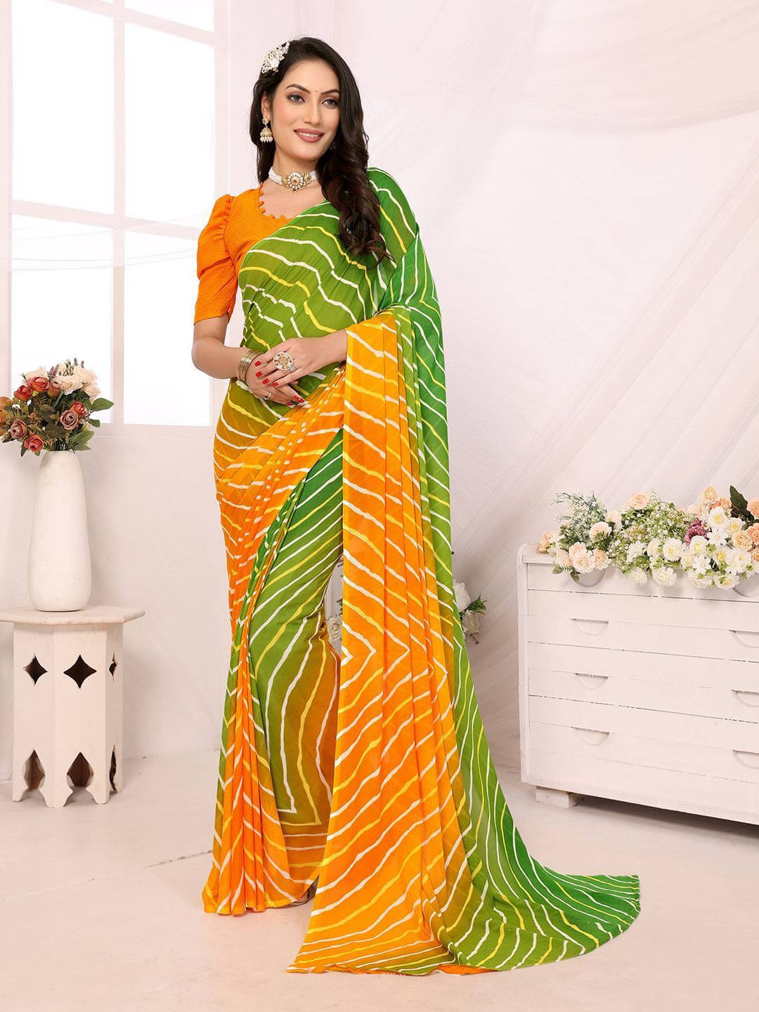 ANAND SAREES Georgette Printed Regular Saree With Unstitched Blouse Piece ( Yellow ) ANAND SAREES Georgette Printed Regular Saree With Unstitched Blouse Piece ( Yellow )