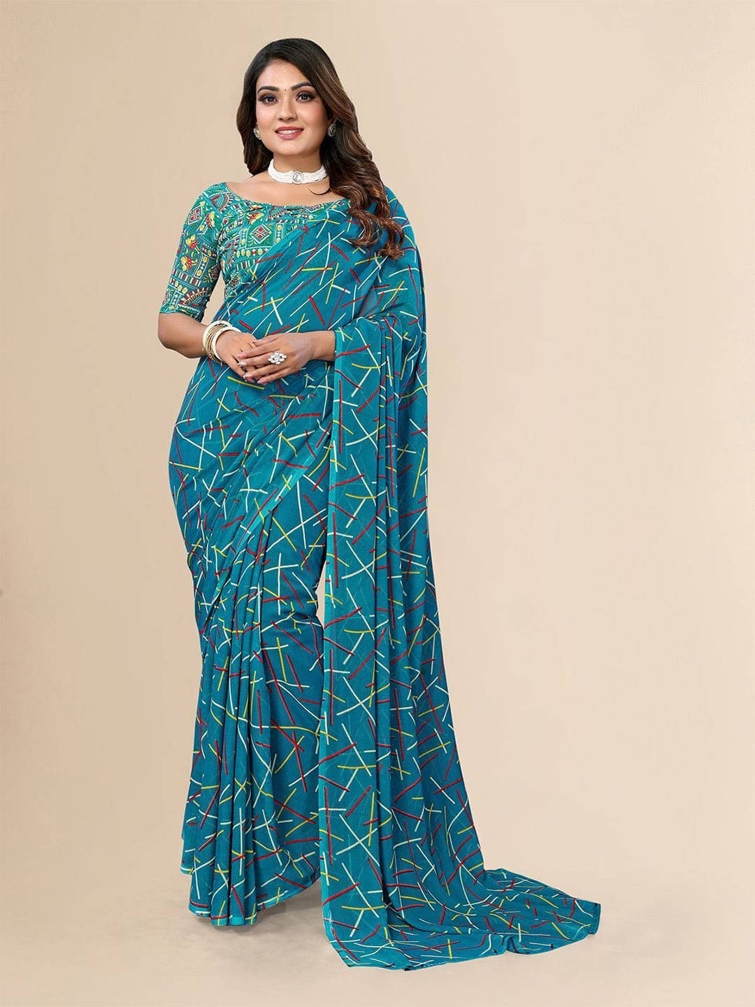     			ANAND SAREES Georgette Printed Regular Saree With Unstitched Blouse Piece ( Blue )