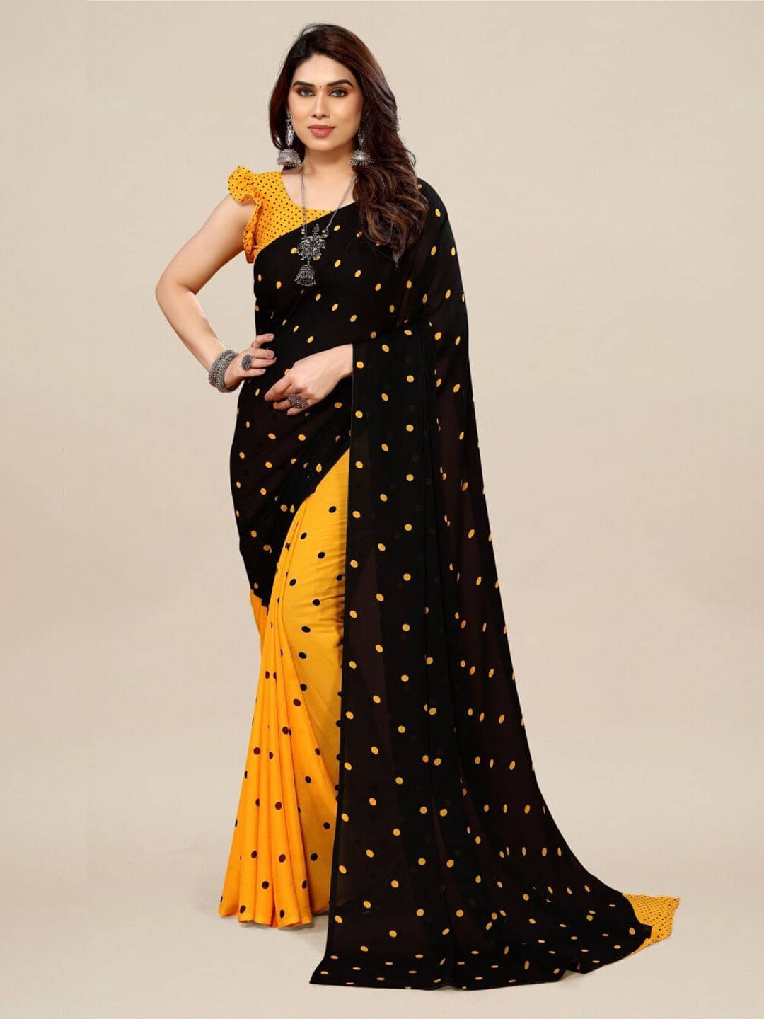 ANAND SAREES Georgette Printed Regular Saree With Unstitched Blouse Piece ( Yellow ) ANAND SAREES Georgette Printed Regular Saree With Unstitched Blouse Piece ( Yellow )