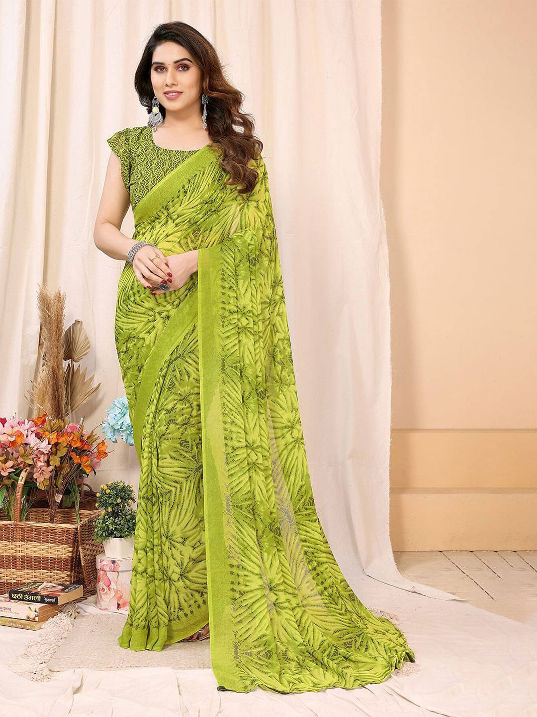 ANAND SAREES Georgette Printed Regular Saree With Unstitched Blouse Piece ( Green )     			ANAND SAREES Georgette Printed Regular Saree With Unstitched Blouse Piece ( Green )