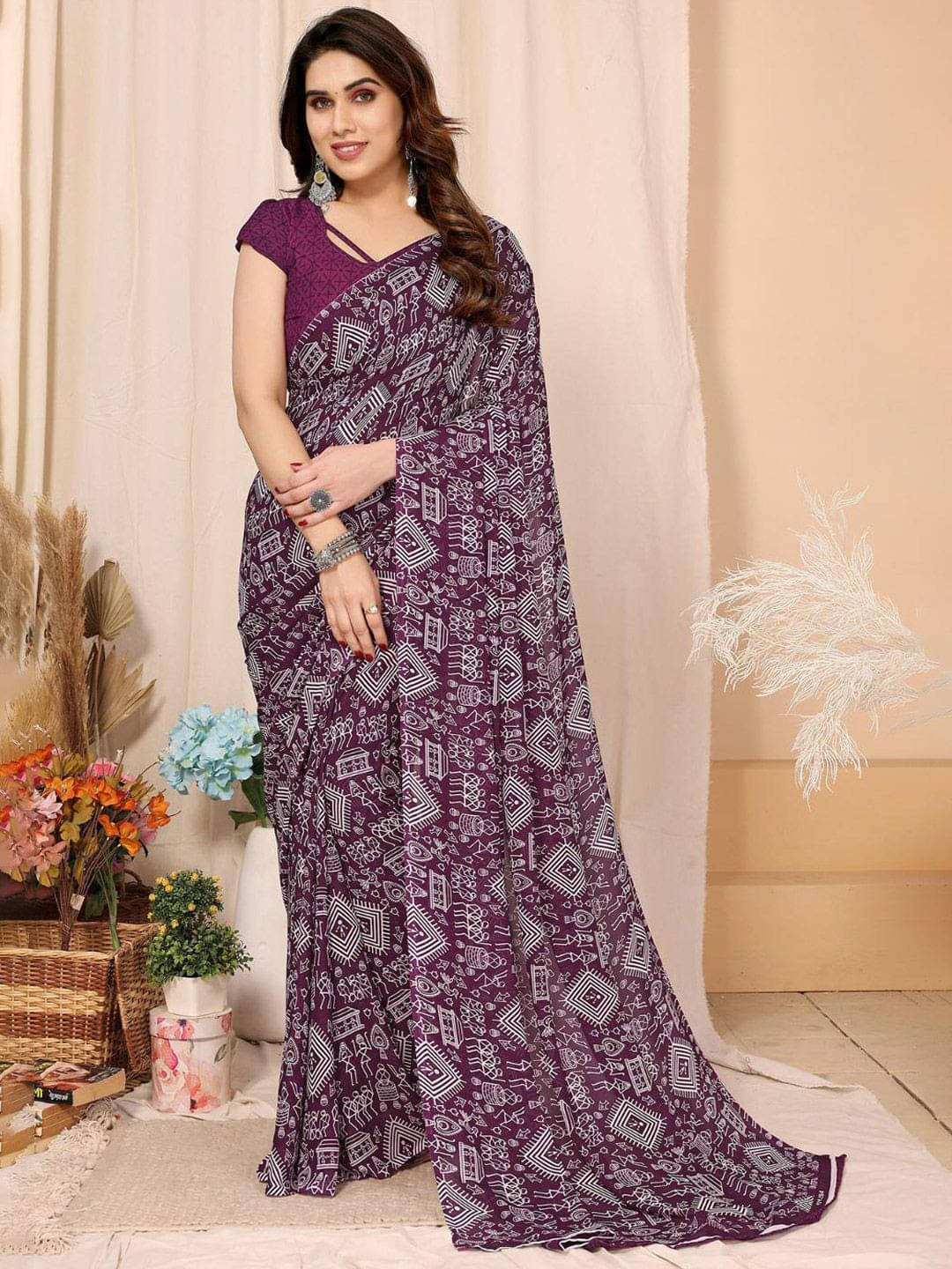     			ANAND SAREES Georgette Printed Regular Saree With Unstitched Blouse Piece ( Purple )