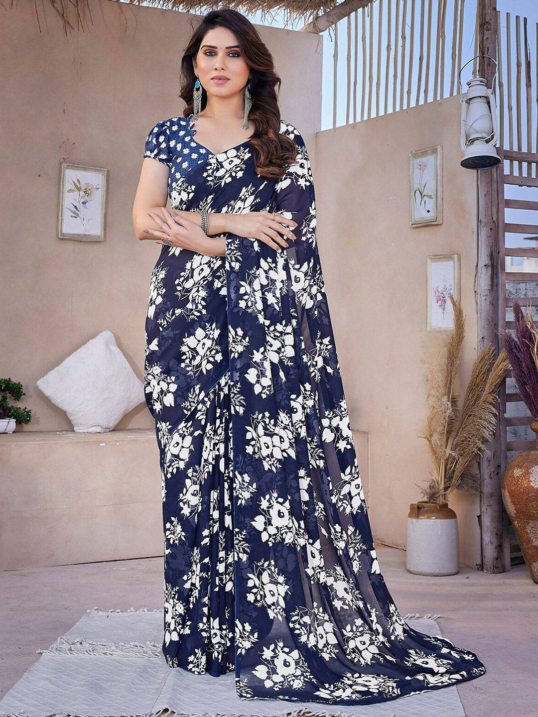 ANAND SAREES Georgette Printed Regular Saree With Unstitched Blouse Piece ( Blue ) ANAND SAREES Georgette Printed Regular Saree With Unstitched Blouse Piece ( Blue )