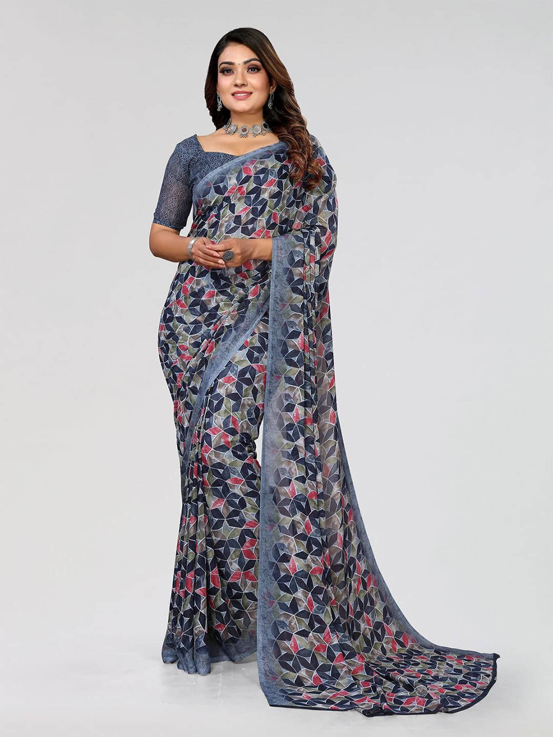 ANAND SAREES Georgette Printed Regular Saree With Unstitched Blouse Piece ( Grey ) - Sarees | Buy online on ZillyBuy