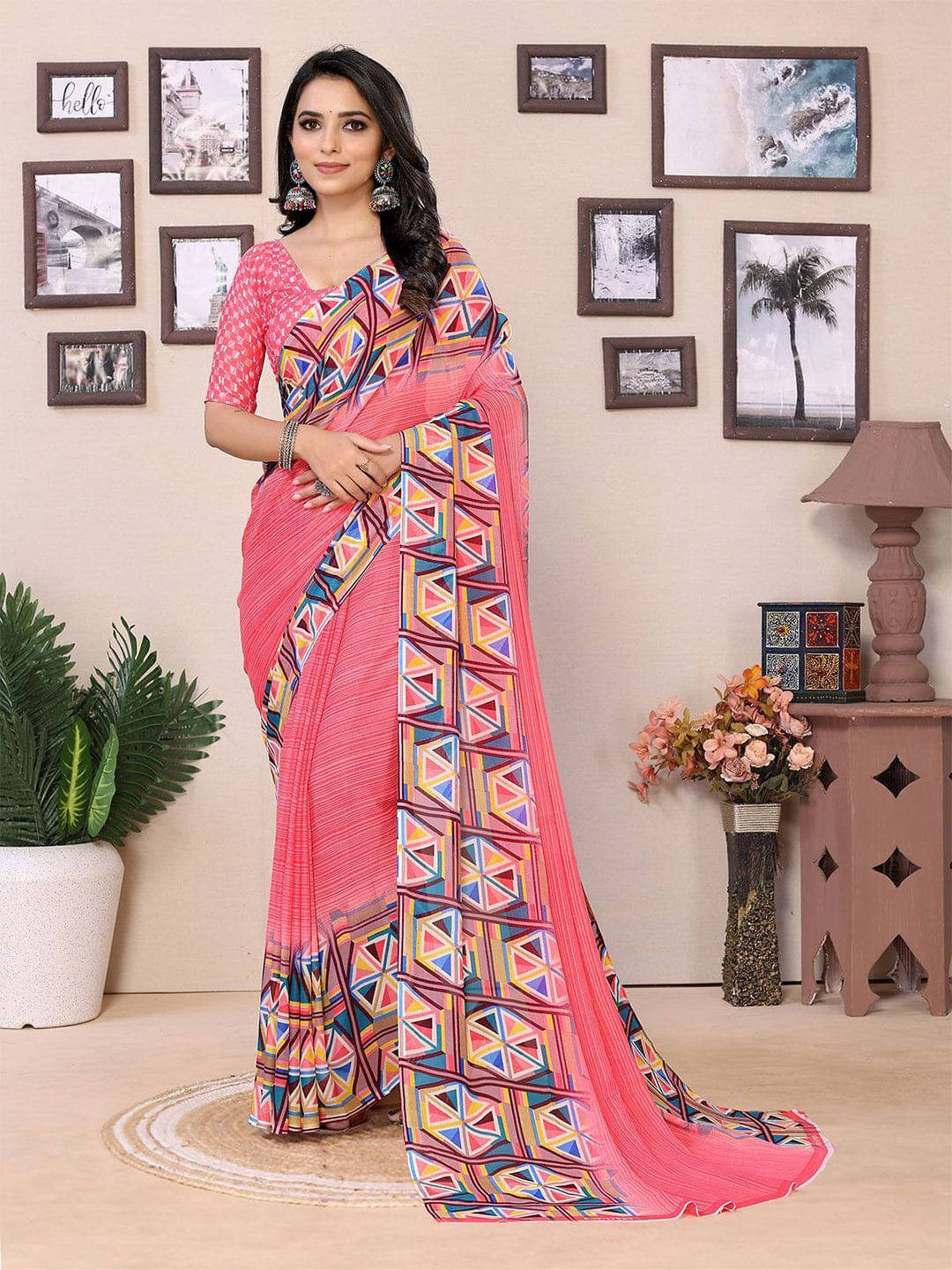 ANAND SAREES Georgette Printed Regular Saree With Unstitched Blouse Piece ( Pink ) ANAND SAREES Georgette Printed Regular Saree With Unstitched Blouse Piece ( Pink )