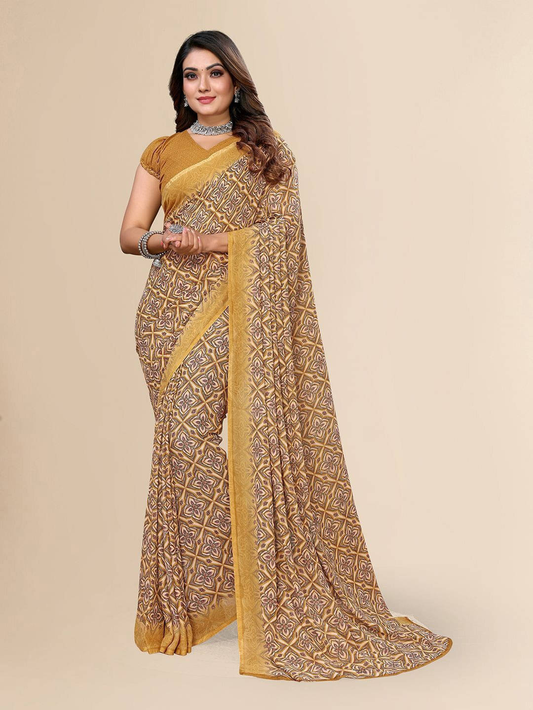 ANAND SAREES Georgette Printed Regular Saree With Unstitched Blouse Piece ( Yellow ) ANAND SAREES Georgette Printed Regular Saree With Unstitched Blouse Piece ( Yellow )