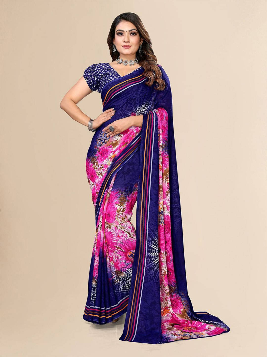 ANAND SAREES Georgette Printed Regular Saree With Unstitched Blouse Piece ( Blue ) ANAND SAREES Georgette Printed Regular Saree With Unstitched Blouse Piece ( Blue )