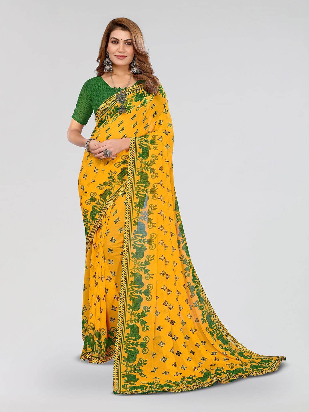 ANAND SAREES Georgette Printed Regular Saree With Unstitched Blouse Piece ( Yellow ) ANAND SAREES Georgette Printed Regular Saree With Unstitched Blouse Piece ( Yellow )