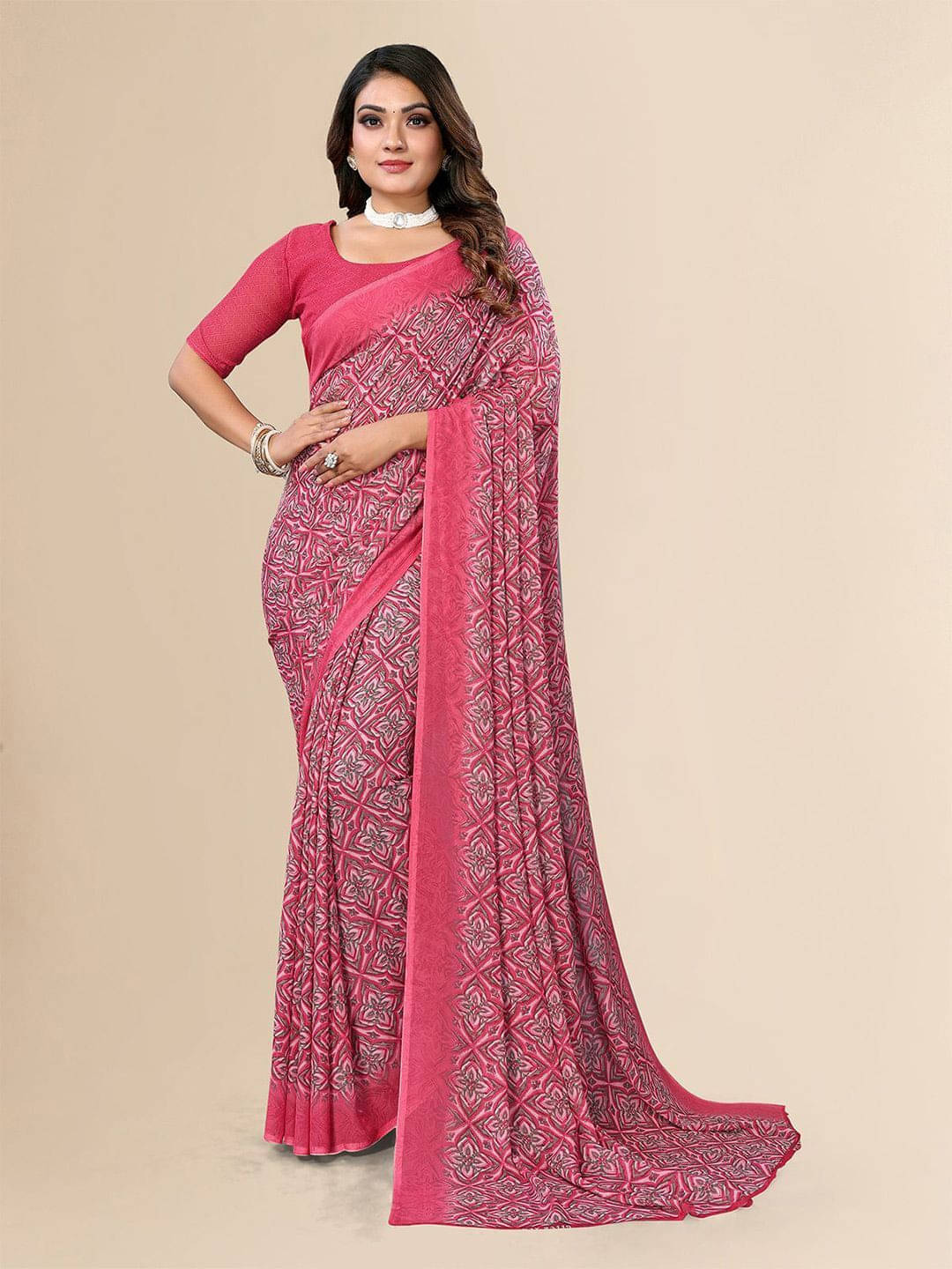 ANAND SAREES Georgette Printed Regular Saree With Unstitched Blouse Piece ( Pink ) ANAND SAREES Georgette Printed Regular Saree With Unstitched Blouse Piece ( Pink )