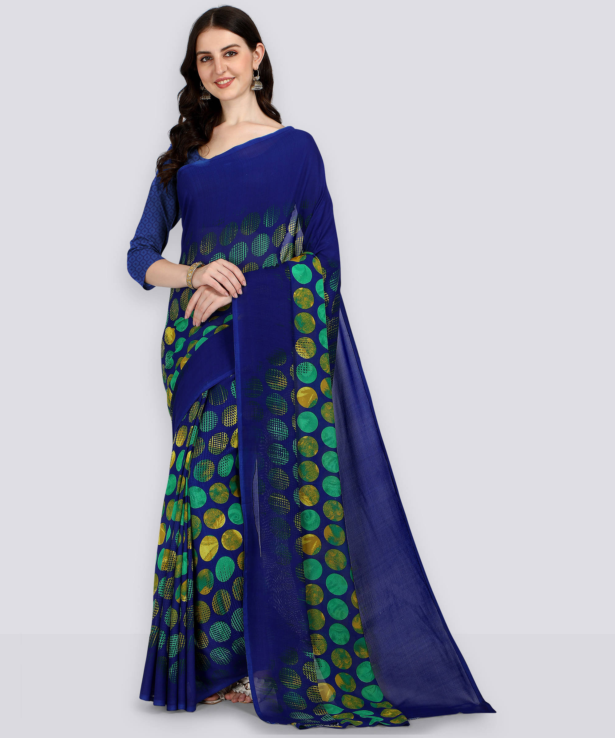 ANAND SAREES Georgette Printed Regular Saree With Unstitched Blouse Piece ( Blue ) ANAND SAREES Georgette Printed Regular Saree With Unstitched Blouse Piece ( Blue )